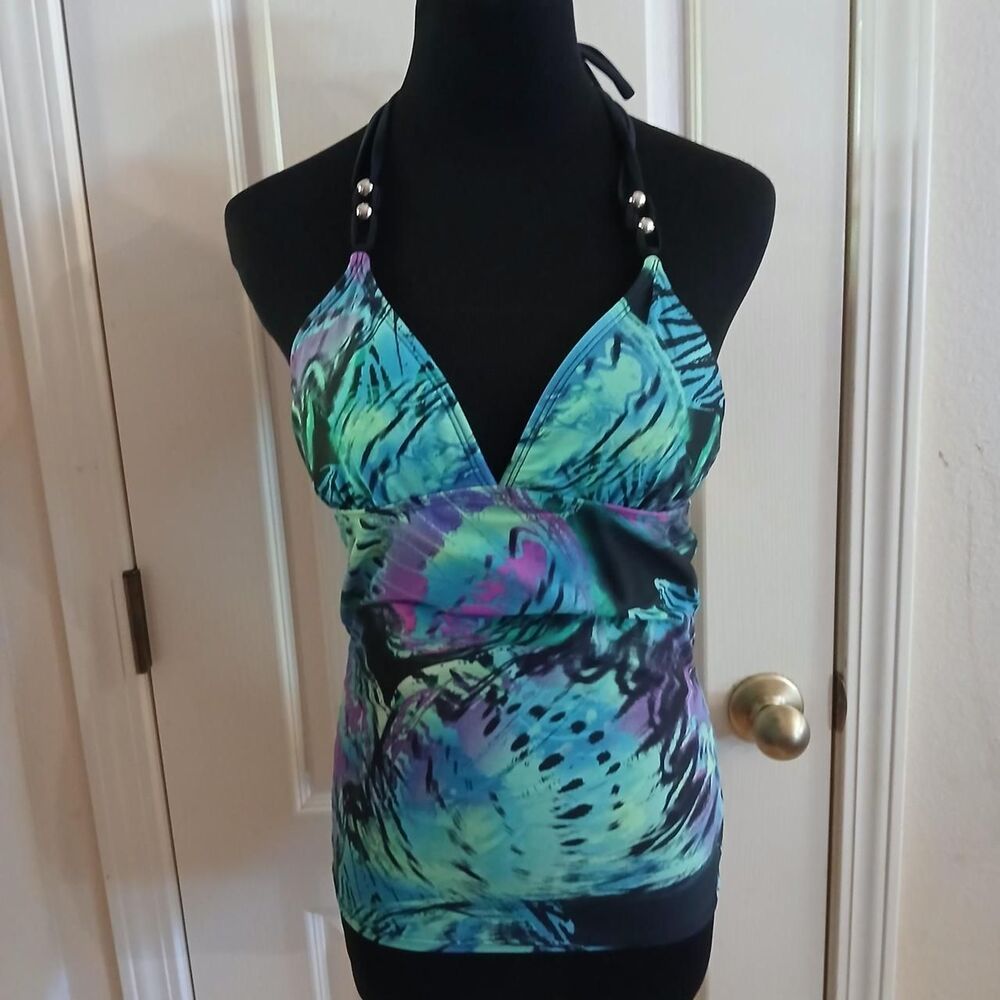 Y2K Vintage Mcbling Mudd Abstract Print Halter Tankini Top Silver Beads M Indie